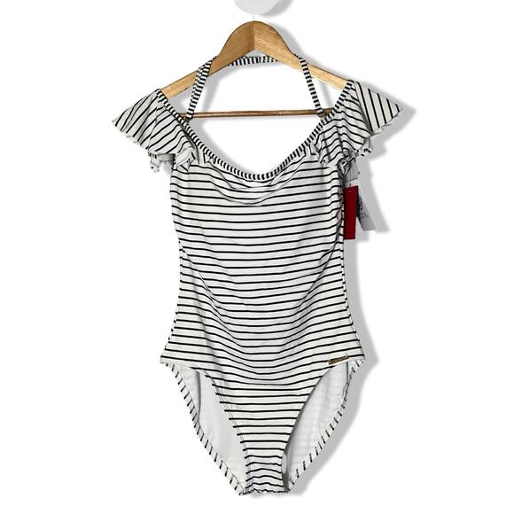Vince Camuto women's white and black striped ruffle shoulder one piece swimsuit - Picture 1 of 11